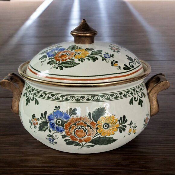 Vintage Asta Enamelware Floral Cookware With Brass Handles Germany with Lid . - Picture 1 of 7